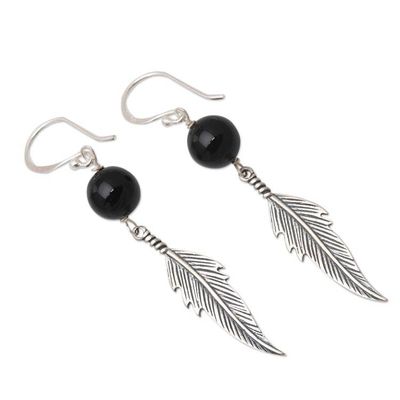 Alternate image for Onyx and Sterling Silver Feather-Motif Dangle Earrings Black Feathers