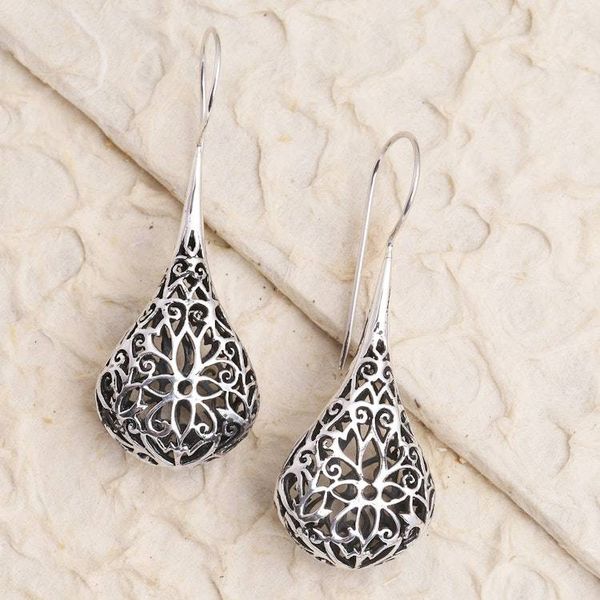 Alternate image for Hand Made Sterling Silver Flower Drop Earrings Hollow Drops