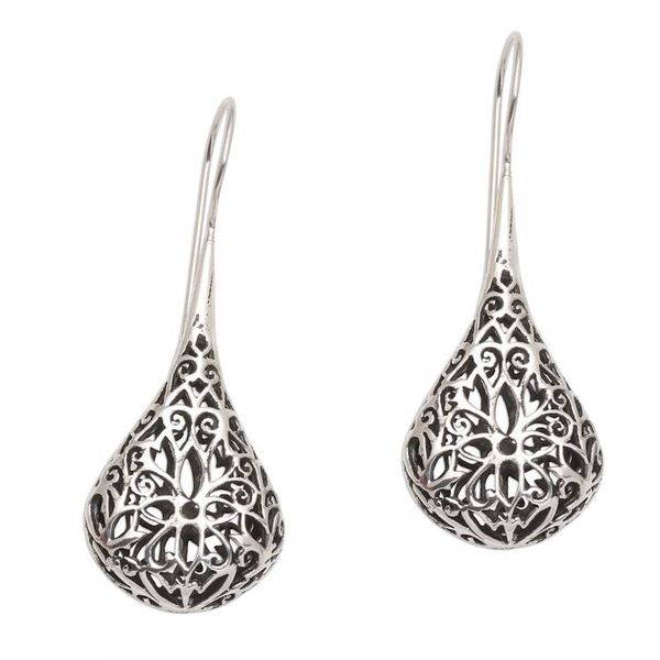 Alternate image for Hand Made Sterling Silver Flower Drop Earrings Hollow Drops