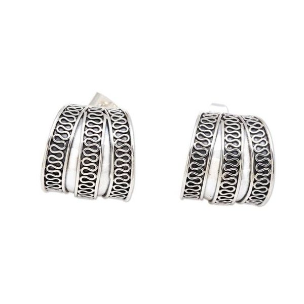 Alternate image for Sterling Silver Handmade Balinese Small Half-Hoop Earrings Silver Spring