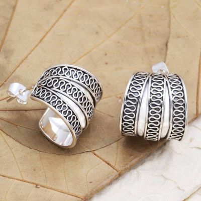 Alternate image for Sterling Silver Handmade Balinese Small Half-Hoop Earrings Silver Spring