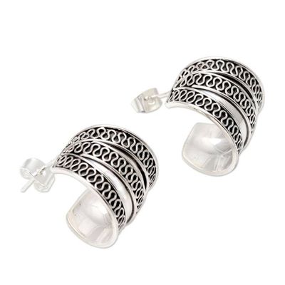 Alternate image for Sterling Silver Handmade Balinese Small Half-Hoop Earrings Silver Spring