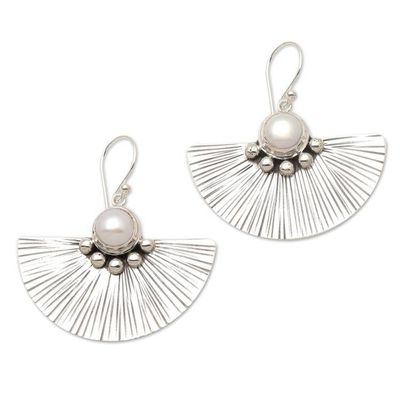 Primary image for Cultured White Pearl and Sterling Silver Earrings Celuk Fan