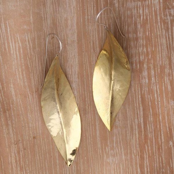 Alternate image for Leaf-Shaped Modern Drop Earrings in Brass from Bali Antique Leaves