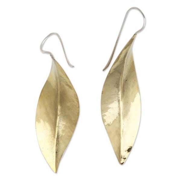 Alternate image for Leaf-Shaped Modern Drop Earrings in Brass from Bali Antique Leaves
