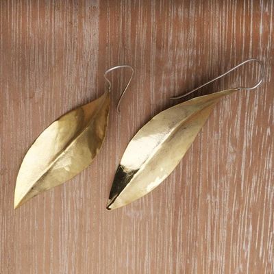 Alternate image for Leaf-Shaped Modern Drop Earrings in Brass from Bali Antique Leaves