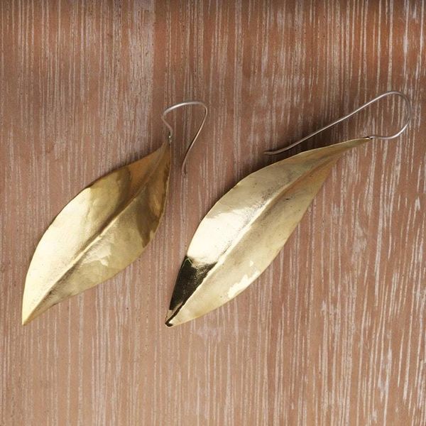 Alternate image for Leaf-Shaped Modern Drop Earrings in Brass from Bali Antique Leaves