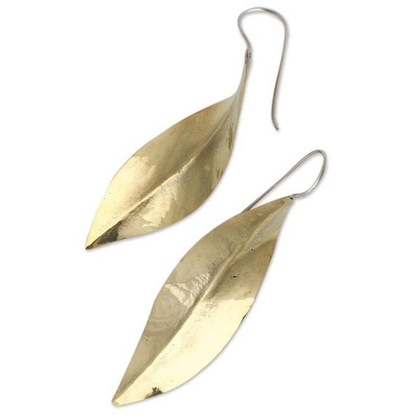 Alternate image for Leaf-Shaped Modern Drop Earrings in Brass from Bali Antique Leaves
