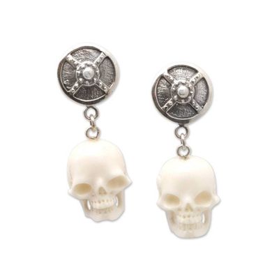 Alternate image for Sterling Silver Skull Dangle Earrings from Bali Shield of The Brave