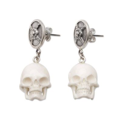 Alternate image for Sterling Silver Skull Dangle Earrings from Bali Shield of The Brave
