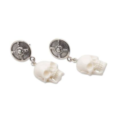 Alternate image for Sterling Silver Skull Dangle Earrings from Bali Shield of The Brave