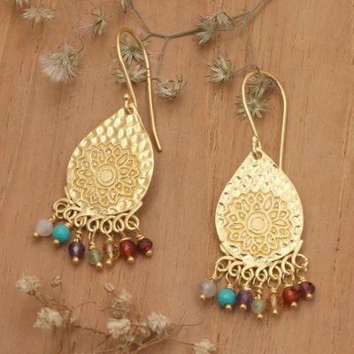 Alternate image for Gold-Plated Multi-Gemstone Lotus-Themed Chandelier Earrings Vibrant Chakra