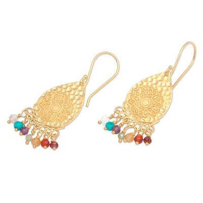 Alternate image for Gold-Plated Multi-Gemstone Lotus-Themed Chandelier Earrings Vibrant Chakra