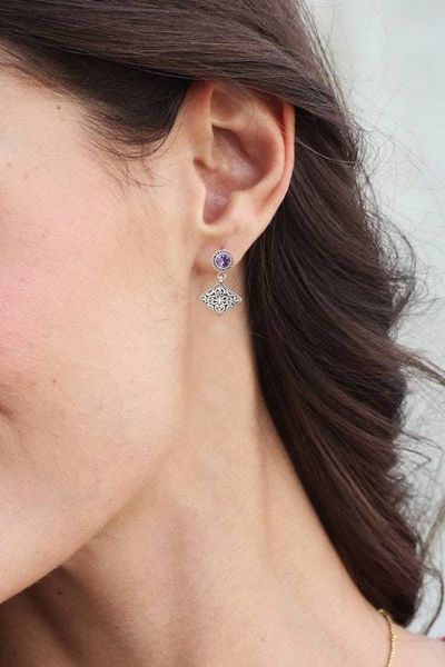 Alternate image for Amethyst Dangle Earrings with Diamond Shapes from Bali Diamond Dew