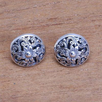 Alternate image for Openwork Floral Sterling Silver Button Earrings from Bali Traditional Garden