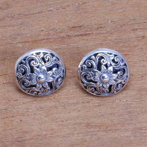 Alternate image for Openwork Floral Sterling Silver Button Earrings from Bali Traditional Garden