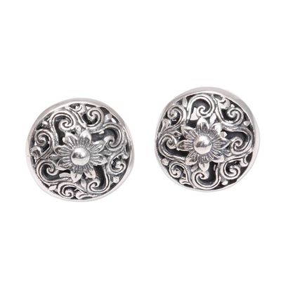 Alternate image for Openwork Floral Sterling Silver Button Earrings from Bali Traditional Garden