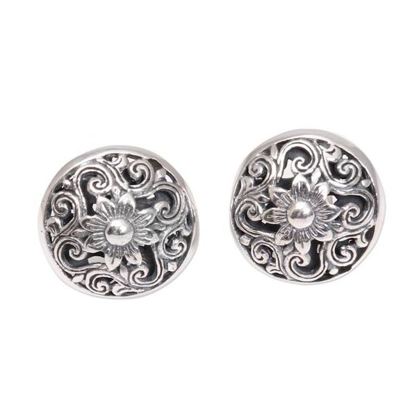 Alternate image for Openwork Floral Sterling Silver Button Earrings from Bali Traditional Garden