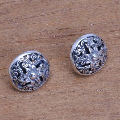 Alternate image for Openwork Floral Sterling Silver Button Earrings from Bali Traditional Garden