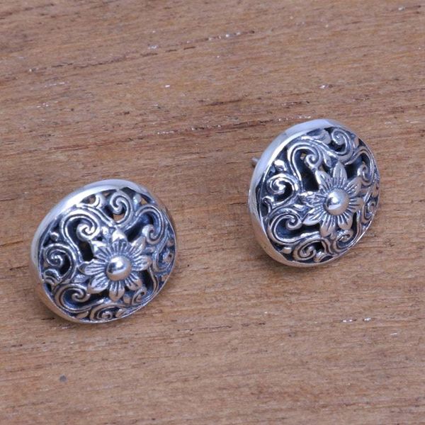 Alternate image for Openwork Floral Sterling Silver Button Earrings from Bali Traditional Garden