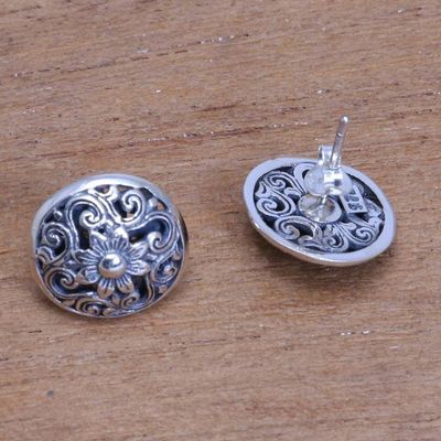 Alternate image for Openwork Floral Sterling Silver Button Earrings from Bali Traditional Garden