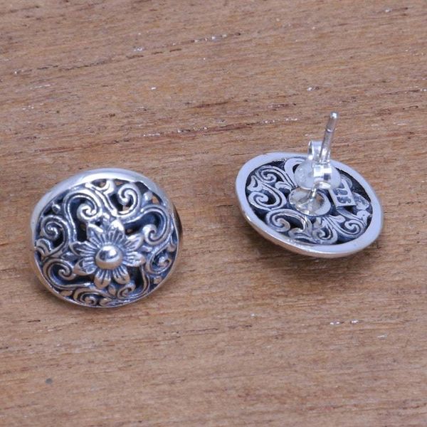 Alternate image for Openwork Floral Sterling Silver Button Earrings from Bali Traditional Garden