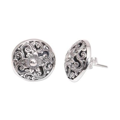 Alternate image for Openwork Floral Sterling Silver Button Earrings from Bali Traditional Garden