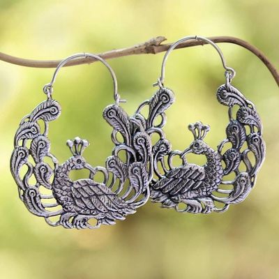 Alternate image for Sterling Silver Peacock Hoop Earrings from Bali Peacock Garden