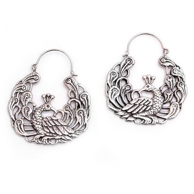 Alternate image for Sterling Silver Peacock Hoop Earrings from Bali Peacock Garden