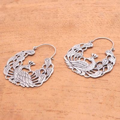 Alternate image for Sterling Silver Peacock Hoop Earrings from Bali Peacock Garden