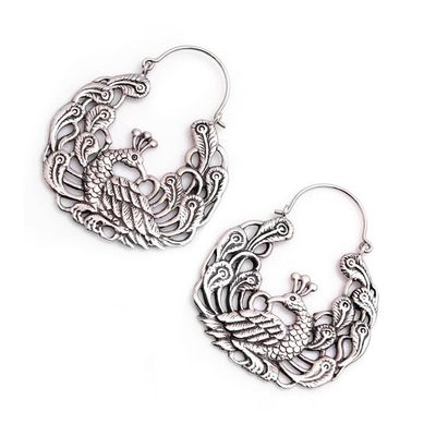 Alternate image for Sterling Silver Peacock Hoop Earrings from Bali Peacock Garden