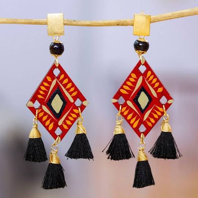 Alternate image for Fair Trade Red and Black Chandelier Earrings with Agate Gems Fire Princess