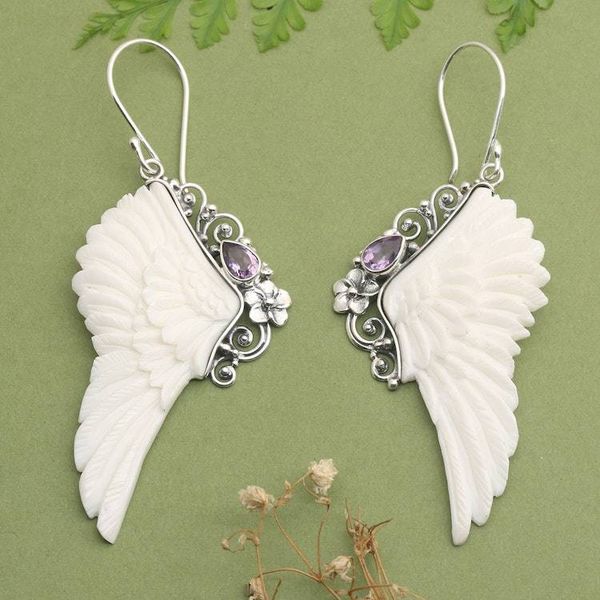 Alternate image for Traditional Wing-Shaped Faceted Amethyst Dangle Earrings Flying with Wisdom