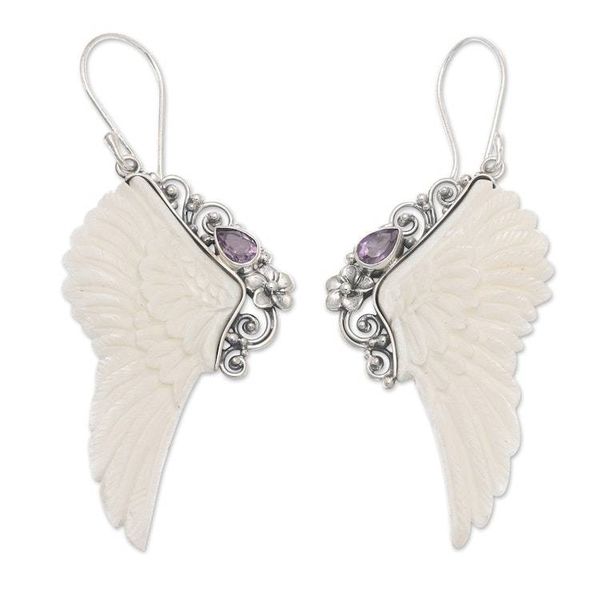 Alternate image for Traditional Wing-Shaped Faceted Amethyst Dangle Earrings Flying with Wisdom