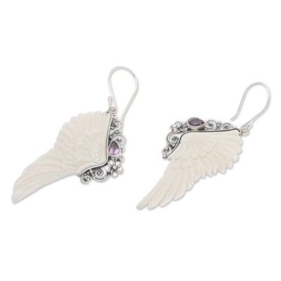 Alternate image for Traditional Wing-Shaped Faceted Amethyst Dangle Earrings Flying with Wisdom