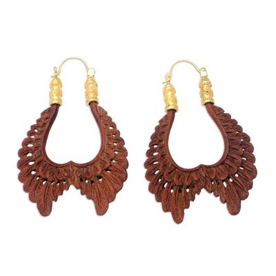 Alternate image for Balinese 18k Gold-plated Brass  Wood Wings Hoop Earrings Fly with Me