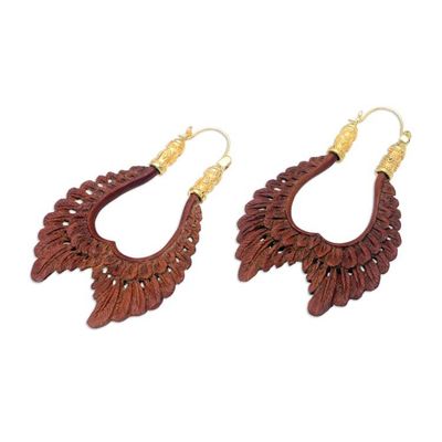 Alternate image for Balinese 18k Gold-plated Brass  Wood Wings Hoop Earrings Fly with Me