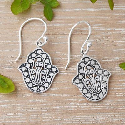 Alternate image for Hamsa-Themed Sterling Silver Dangle Earrings Made in Bali Dancing Hamsa