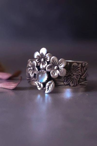 Alternate image for Floral Moonstone Ring | Sterling Silver Flower Band