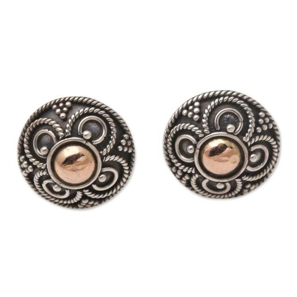 Alternate image for Gold-Accented Sterling Silver Button Earrings from Bali Grand Fortune