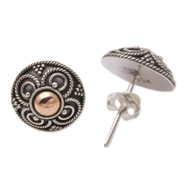Alternate image for Gold-Accented Sterling Silver Button Earrings from Bali Grand Fortune
