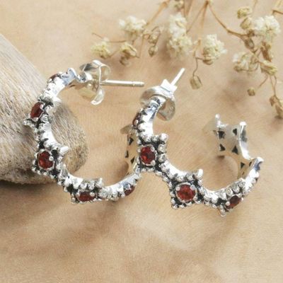 Alternate image for Sterling Silver  Garnet Geometric-Themed Half-Hoop Earrings Red Rhombus
