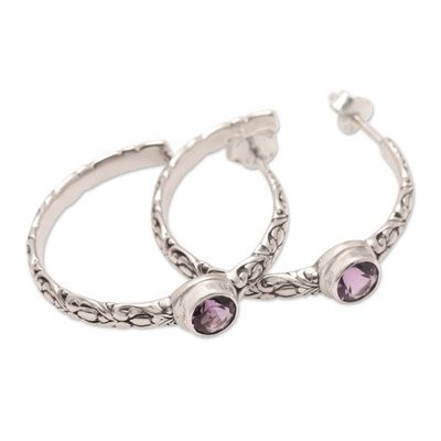 Primary image for Traditional Half-Hoop Earrings with Faceted Amethyst Gems Purple Balinese Deity