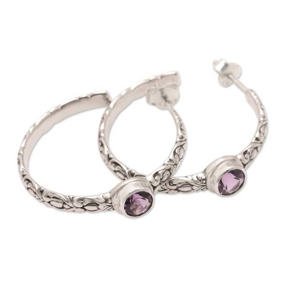 Traditional Half-Hoop Earrings with Faceted Amethyst Gems 'Purple Balinese Deity'