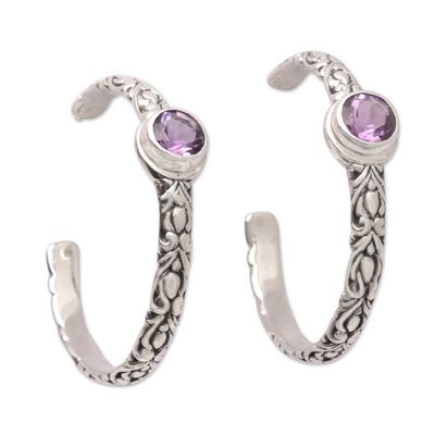 Alternate image for Traditional Half-Hoop Earrings with Faceted Amethyst Gems Purple Balinese Deity