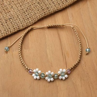 Primary image for Floral Blue Topaz Amethyst Glass-Beaded Macrame Bracelet Flowery Radiance