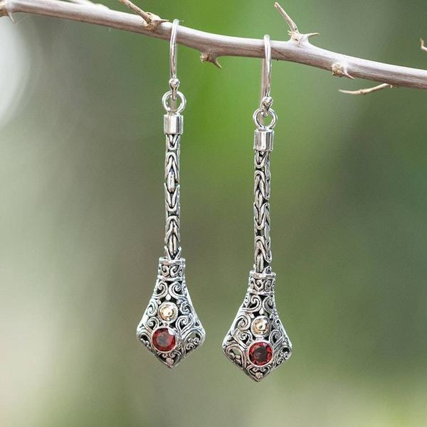 Alternate image for 18k Gold-Accented Garnet Silver Dangle Earrings from Bali Balinese Wonders