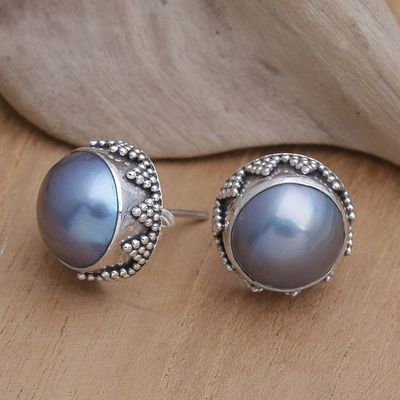 Primary image for Geometric Sterling Silver Button Earrings with Blue Pearls Blue Pearl Treasure