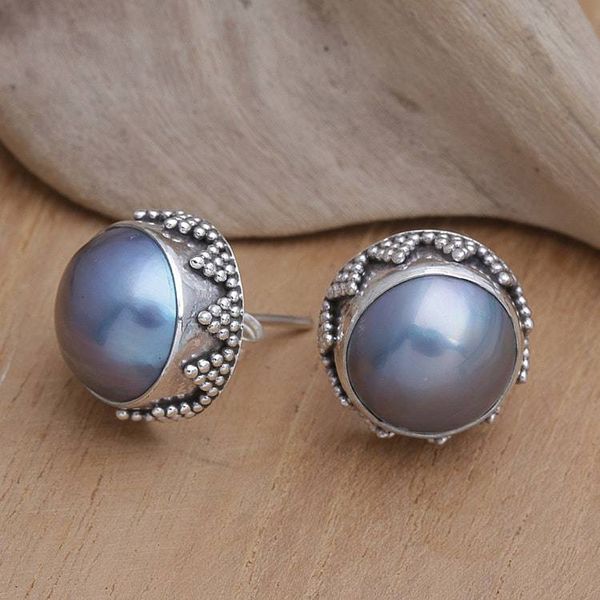 Alternate image for Geometric Sterling Silver Button Earrings with Blue Pearls Blue Pearl Treasure