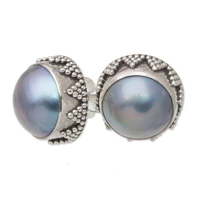 Alternate image for Geometric Sterling Silver Button Earrings with Blue Pearls Blue Pearl Treasure